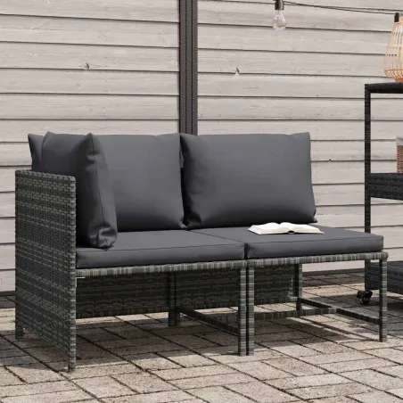 Salon de jardin 2 pcs avec coussins Gris Résine tressée