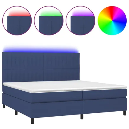 Sommier à lattes de lit et matelas et LED Bleu 200x200 cm Tissu 2