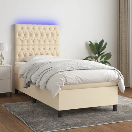 Sommier à lattes de lit et matelas et LED Crème 90x200 cm Tissu