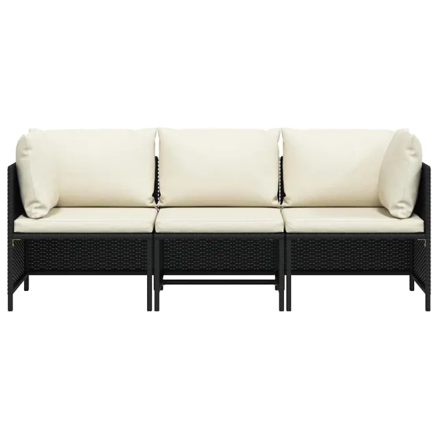 Canapé de jardin à 3 places avec coussins Noir Résine tressée