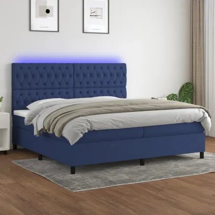 Sommier à lattes de lit et matelas et LED Bleu 200x200 cm Tissu