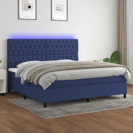 Sommier à lattes de lit et matelas et LED Bleu 200x200 cm Tissu