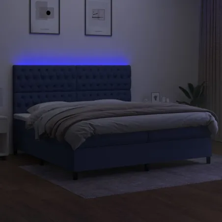 Sommier à lattes de lit et matelas et LED Bleu 200x200 cm Tissu