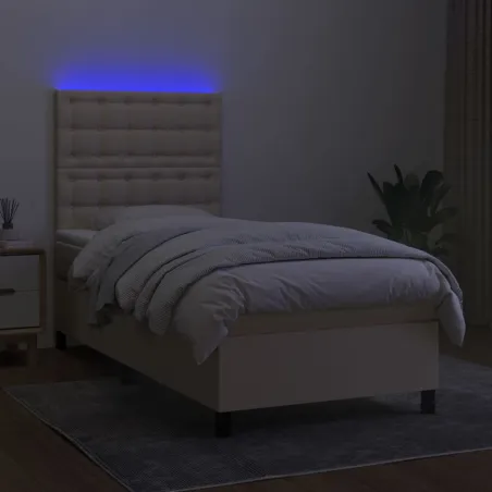 Sommier à lattes de lit et matelas et LED Crème 90x200 cm Tissu