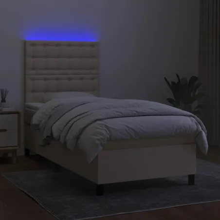Sommier à lattes de lit et matelas et LED Crème 100x200cm Tissu