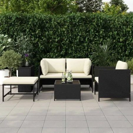 Canapés de jardin 4 pcs avec coussins Noir Résine tressée