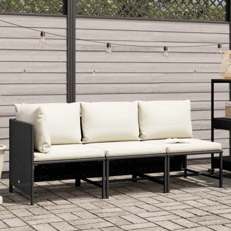 Canapés de jardin 3 pcs avec coussins Noir Résine tressée