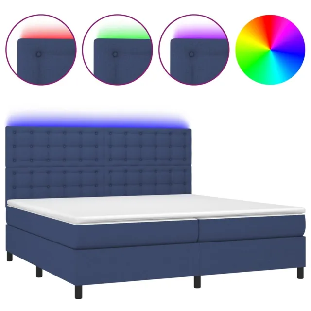 Sommier à lattes de lit et matelas et LED Bleu 200x200 cm Tissu