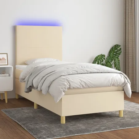 Sommier à lattes de lit et matelas et LED Crème 90x200 cm Tissu