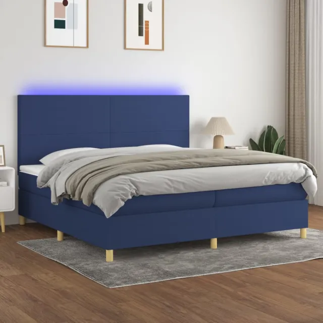 Sommier à lattes de lit et matelas et LED Bleu 200x200 cm Tissu