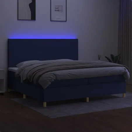 Sommier à lattes de lit et matelas et LED Bleu 200x200 cm Tissu