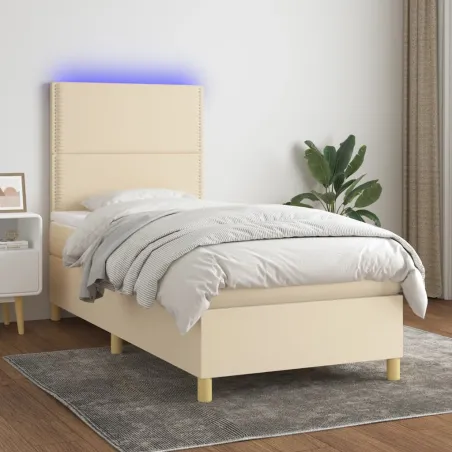 Sommier à lattes de lit et matelas et LED Crème 90x190 cm Tissu