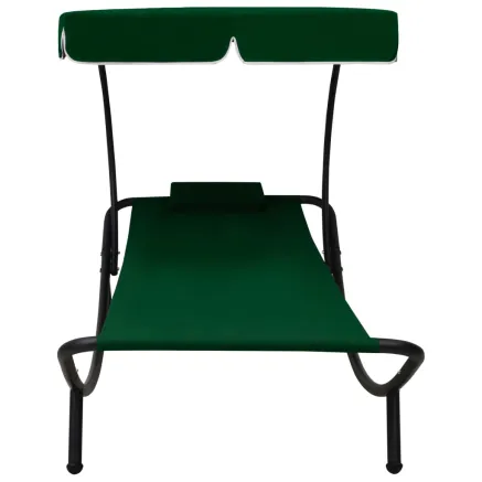 Chaise longue de jardin avec auvent et oreiller vert 2