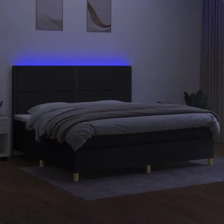 Sommier à lattes de lit et matelas et LED Noir 200x200 cm Tissu