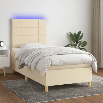 Sommier à lattes de lit et matelas et LED Crème 90x190 cm Tissu