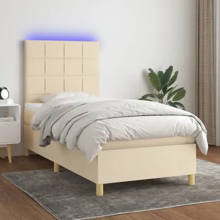 Sommier à lattes de lit et matelas et LED Crème 90x190 cm Tissu
