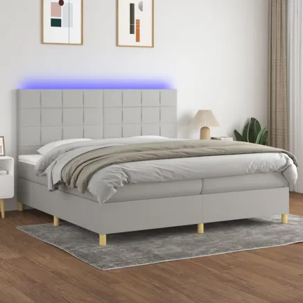 Sommier à lattes de lit matelas et LED Gris clair 200x200 cm