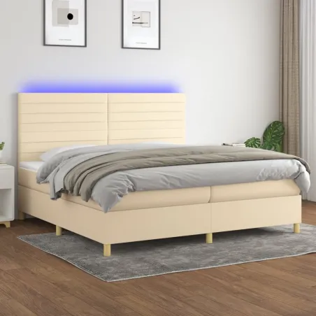 Sommier à lattes de lit et matelas et LED Crème 200x200cm Tissu
