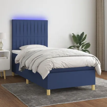 Sommier à lattes de lit et matelas et LED Bleu 90x200 cm Tissu