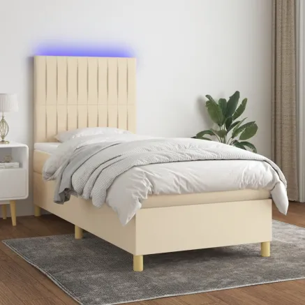 Sommier à lattes de lit et matelas et LED Crème 100x200cm Tissu