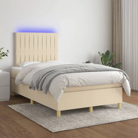 Sommier à lattes de lit et matelas et LED Crème 120x200cm Tissu