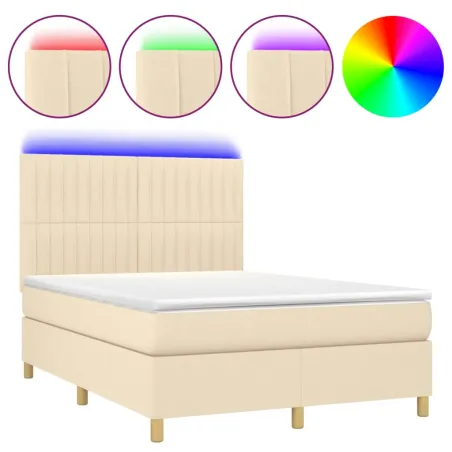 Sommier à lattes de lit et matelas et LED Crème 140x200cm Tissu