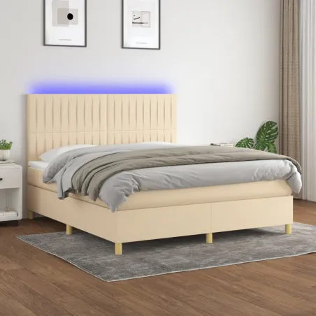 Sommier à lattes de lit et matelas et LED Crème 180x200cm Tissu
