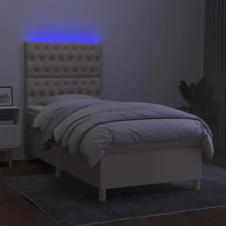 Sommier à lattes de lit et matelas et LED Crème 90x200 cm Tissu