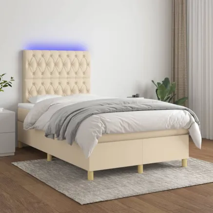 Sommier à lattes de lit et matelas et LED Crème 120x200cm Tissu
