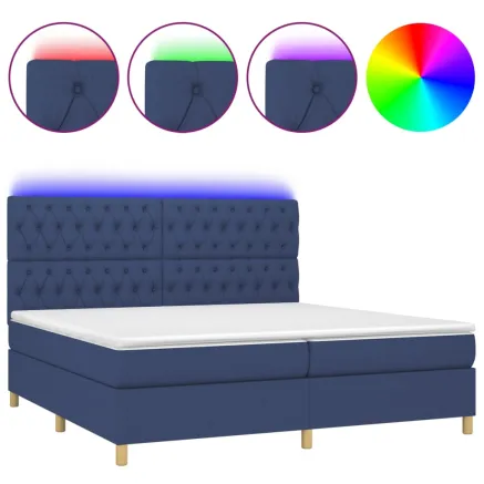 Sommier à lattes de lit et matelas et LED Bleu 200x200 cm Tissu 2