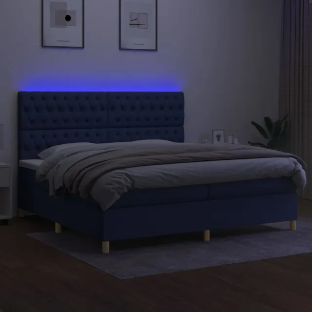 Sommier à lattes de lit et matelas et LED Bleu 200x200 cm Tissu