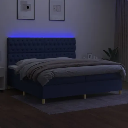 Sommier à lattes de lit et matelas et LED Bleu 200x200 cm Tissu