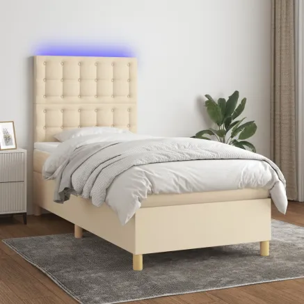 Sommier à lattes de lit et matelas et LED Crème 100x200cm Tissu