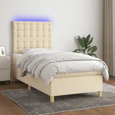 Sommier à lattes de lit et matelas et LED Crème 100x200cm Tissu