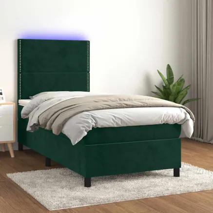 Sommier à lattes de lit avec matelas et LED Vert foncé 90x200cm