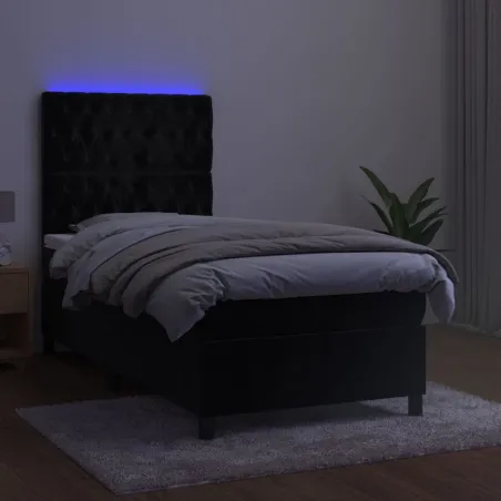 Sommier à lattes de lit matelas et LED Noir 90x200 cm Velours