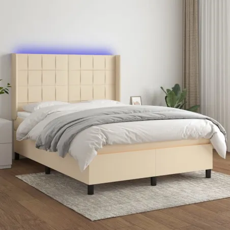 Sommier à lattes de lit matelas et LED Crème 140x200 cm Tissu