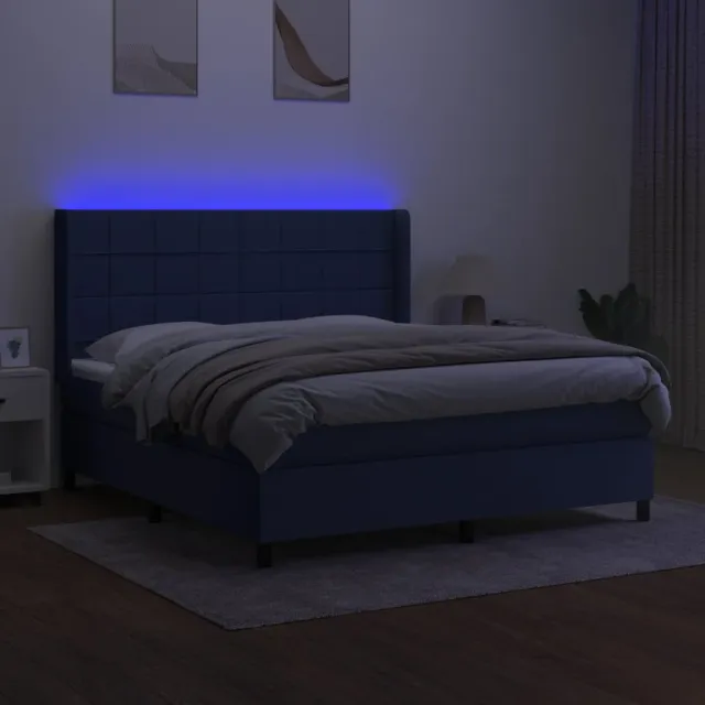 Sommier à lattes de lit matelas et LED Bleu 180x200 cm Tissu