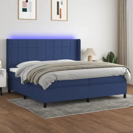 Sommier à lattes de lit et matelas et LED Bleu 200x200 cm Tissu