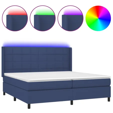 Sommier à lattes de lit et matelas et LED Bleu 200x200 cm Tissu