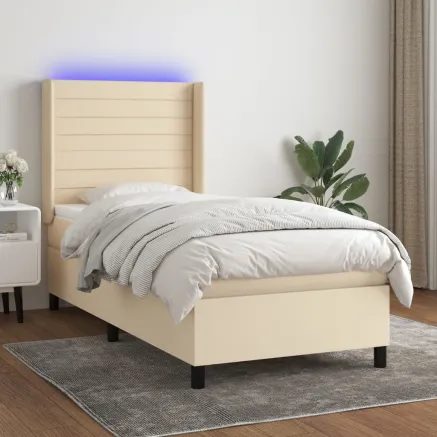 Sommier à lattes de lit matelas et LED Crème 90x190 cm Tissu