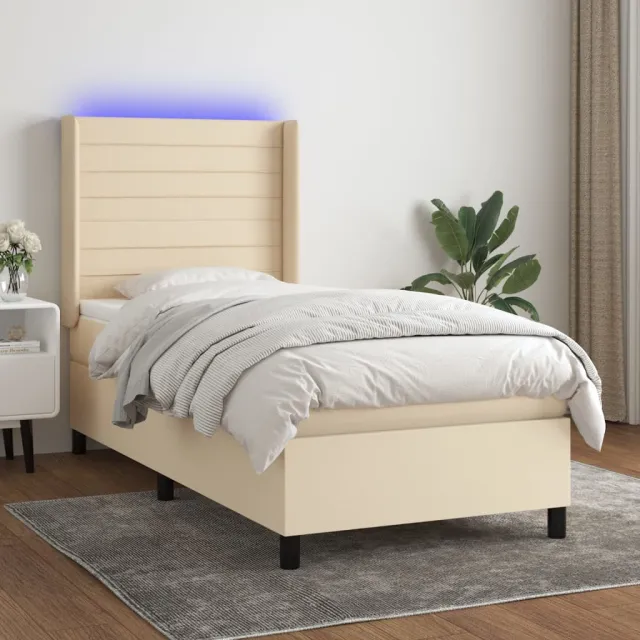 Sommier à lattes de lit matelas et LED Crème 90x190 cm Tissu