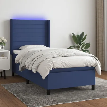 Sommier à lattes de lit matelas et LED Bleu 90x200 cm Tissu