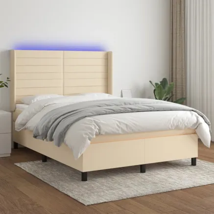 Sommier à lattes de lit matelas et LED Crème 140x200 cm Tissu