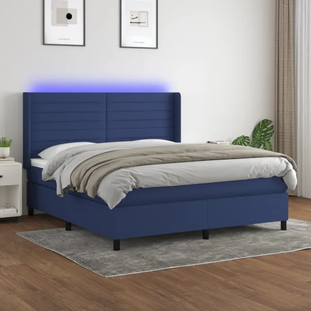 Sommier à lattes de lit matelas et LED Bleu 160x200 cm Tissu