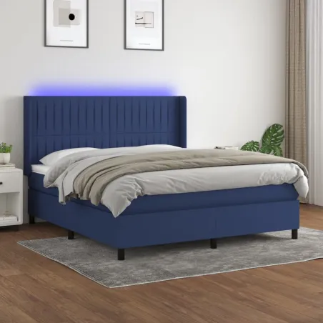 Sommier à lattes de lit matelas et LED Bleu 160x200 cm Tissu