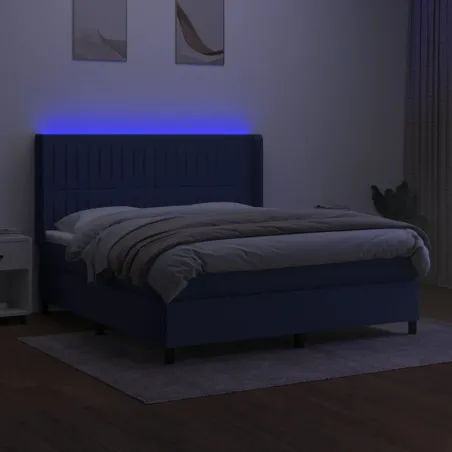 Sommier à lattes de lit matelas et LED Bleu 180x200 cm Tissu