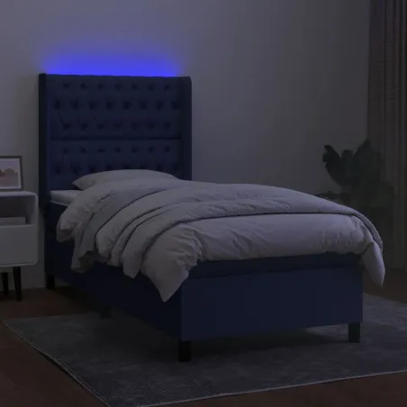Sommier à lattes de lit matelas et LED Bleu 80x200cm Tissu