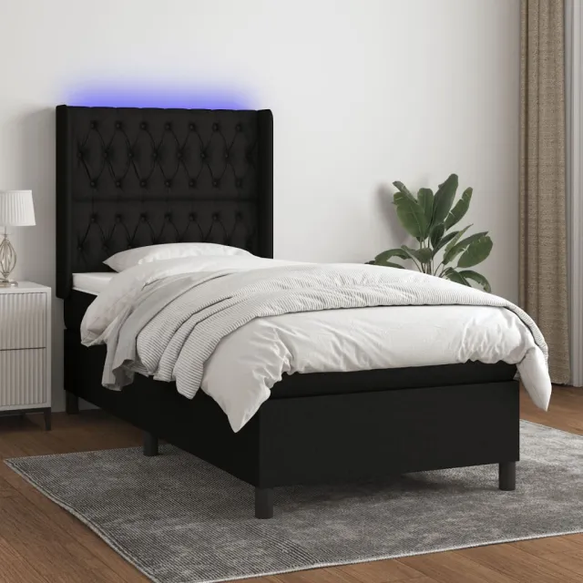 Sommier à lattes de lit matelas et LED Noir 90x190 cm Tissu