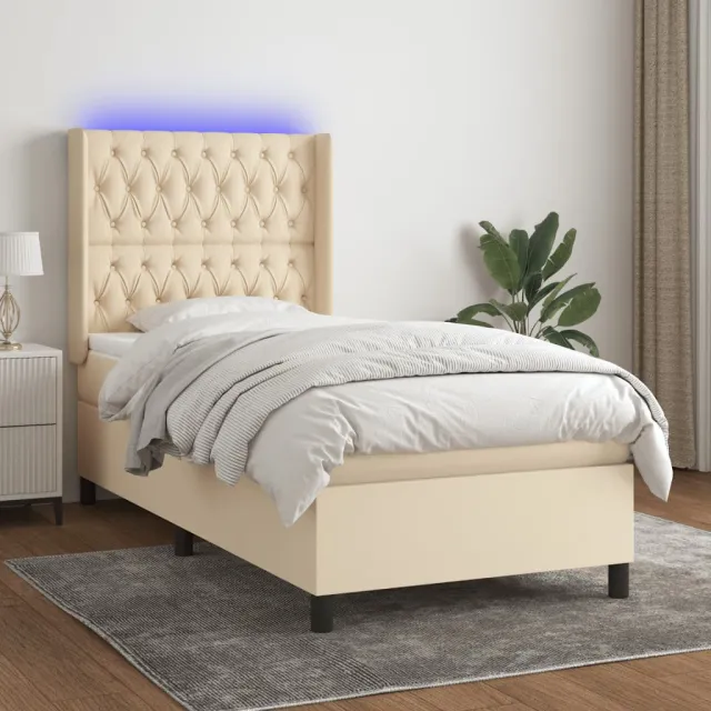 Sommier à lattes de lit matelas et LED Crème 90x190 cm Tissu